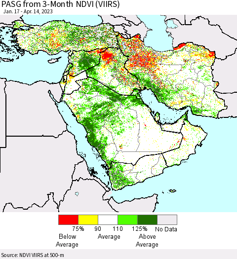 Middle East and Turkey PASG from 3-Month NDVI (VIIRS) Thematic Map For 4/7/2023 - 4/14/2023
