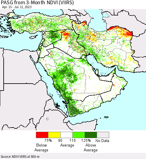Middle East and Turkey PASG from 3-Month NDVI (VIIRS) Thematic Map For 7/4/2023 - 7/11/2023