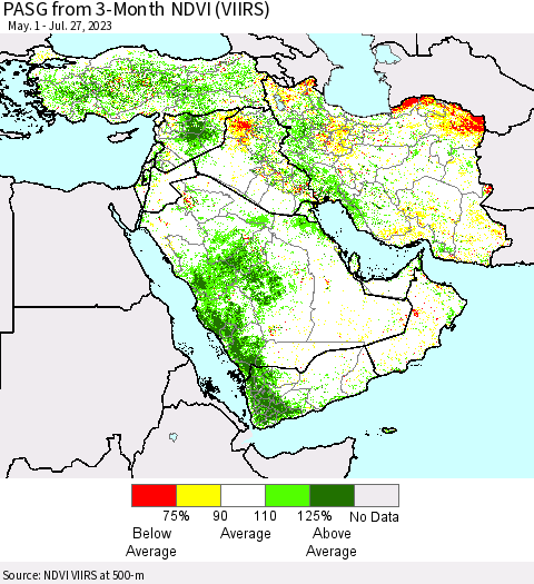 Middle East and Turkey PASG from 3-Month NDVI (VIIRS) Thematic Map For 7/20/2023 - 7/27/2023