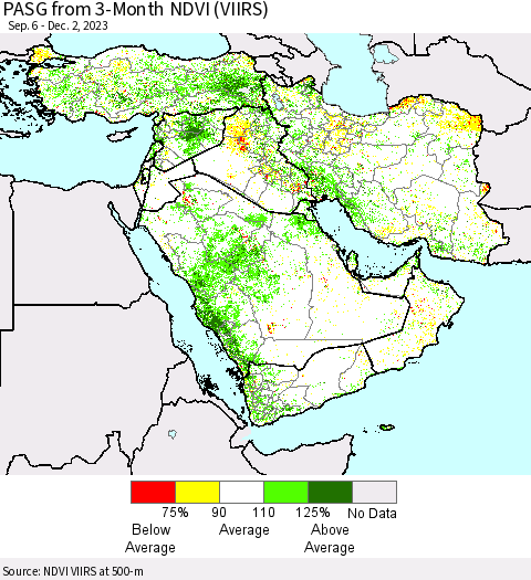 Middle East and Turkey PASG from 3-Month NDVI (VIIRS) Thematic Map For 11/25/2023 - 12/2/2023