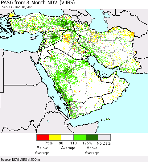 Middle East and Turkey PASG from 3-Month NDVI (VIIRS) Thematic Map For 12/3/2023 - 12/10/2023