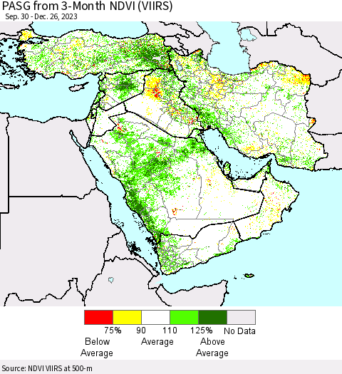 Middle East and Turkey PASG from 3-Month NDVI (VIIRS) Thematic Map For 12/19/2023 - 12/26/2023