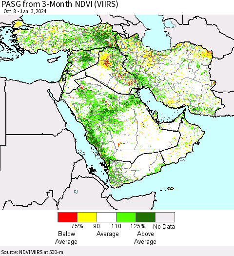 Middle East and Turkey PASG from 3-Month NDVI (VIIRS) Thematic Map For 12/27/2023 - 1/3/2024
