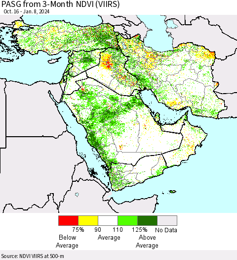 Middle East and Turkey PASG from 3-Month NDVI (VIIRS) Thematic Map For 1/1/2024 - 1/8/2024