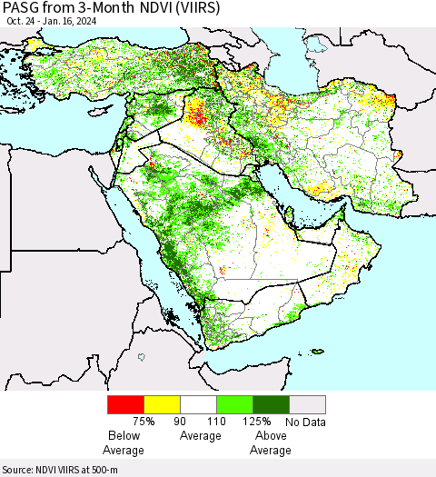 Middle East and Turkey PASG from 3-Month NDVI (VIIRS) Thematic Map For 1/9/2024 - 1/16/2024