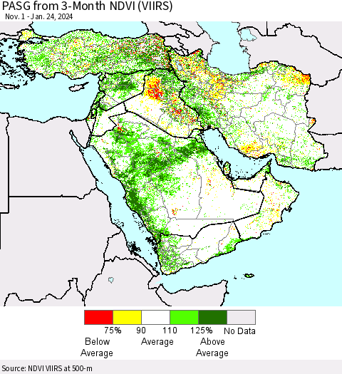 Middle East and Turkey PASG from 3-Month NDVI (VIIRS) Thematic Map For 1/17/2024 - 1/24/2024