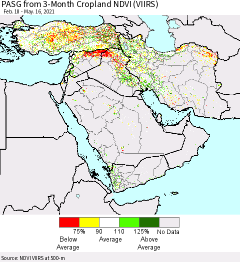 Middle East and Turkey PASG from 3-Month Cropland NDVI (VIIRS) Thematic Map For 5/9/2021 - 5/16/2021