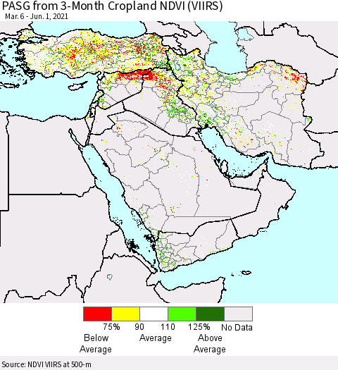 Middle East and Turkey PASG from 3-Month Cropland NDVI (VIIRS) Thematic Map For 5/25/2021 - 6/1/2021