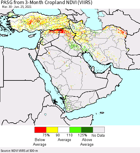 Middle East and Turkey PASG from 3-Month Cropland NDVI (VIIRS) Thematic Map For 6/18/2021 - 6/25/2021