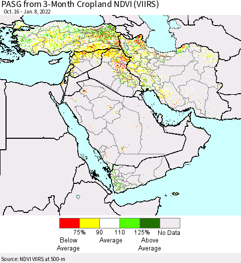 Middle East and Turkey PASG from 3-Month Cropland NDVI (VIIRS) Thematic Map For 1/1/2022 - 1/8/2022