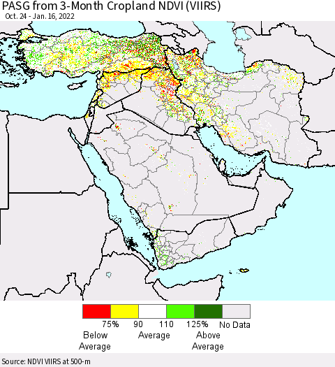 Middle East and Turkey PASG from 3-Month Cropland NDVI (VIIRS) Thematic Map For 1/9/2022 - 1/16/2022
