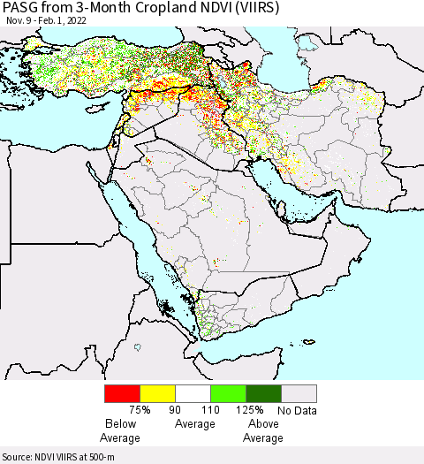 Middle East and Turkey PASG from 3-Month Cropland NDVI (VIIRS) Thematic Map For 1/25/2022 - 2/1/2022