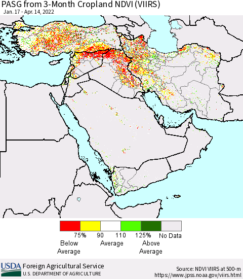 Middle East and Turkey PASG from 3-Month Cropland NDVI (VIIRS) Thematic Map For 4/11/2022 - 4/20/2022