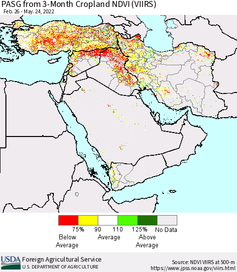 Middle East and Turkey PASG from 3-Month Cropland NDVI (VIIRS) Thematic Map For 5/21/2022 - 5/31/2022
