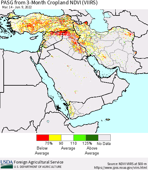 Middle East and Turkey PASG from 3-Month Cropland NDVI (VIIRS) Thematic Map For 6/1/2022 - 6/10/2022