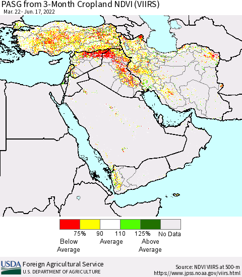 Middle East and Turkey PASG from 3-Month Cropland NDVI (VIIRS) Thematic Map For 6/11/2022 - 6/20/2022