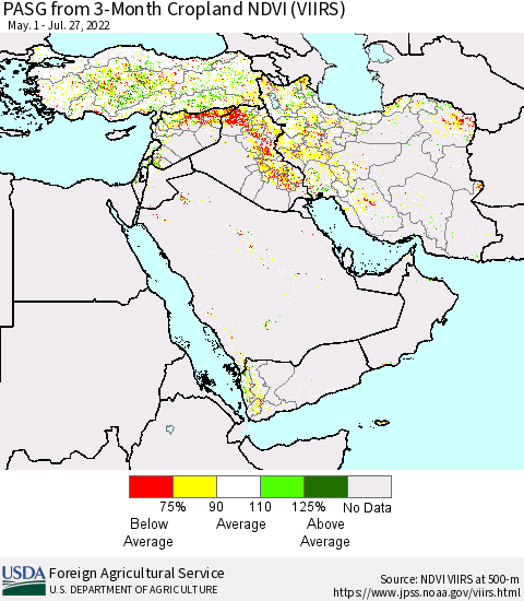 Middle East and Turkey PASG from 3-Month Cropland NDVI (VIIRS) Thematic Map For 7/21/2022 - 7/31/2022