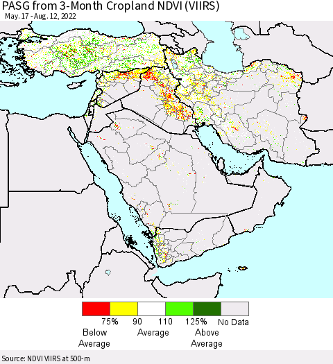 Middle East and Turkey PASG from 3-Month Cropland NDVI (VIIRS) Thematic Map For 8/5/2022 - 8/12/2022