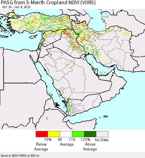 Middle East and Turkey PASG from 3-Month Cropland NDVI (VIIRS) Thematic Map For 1/1/2023 - 1/8/2023