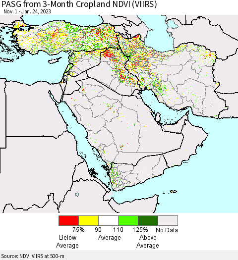 Middle East and Turkey PASG from 3-Month Cropland NDVI (VIIRS) Thematic Map For 1/17/2023 - 1/24/2023