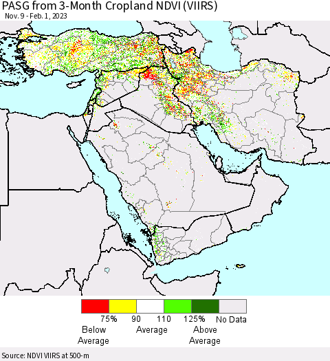 Middle East and Turkey PASG from 3-Month Cropland NDVI (VIIRS) Thematic Map For 1/25/2023 - 2/1/2023