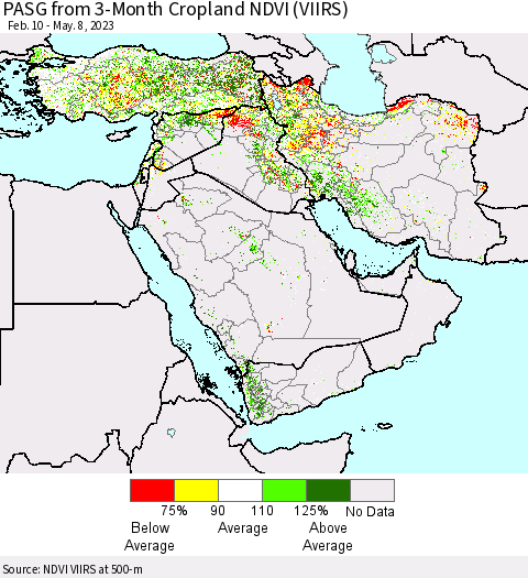 Middle East and Turkey PASG from 3-Month Cropland NDVI (VIIRS) Thematic Map For 5/1/2023 - 5/8/2023