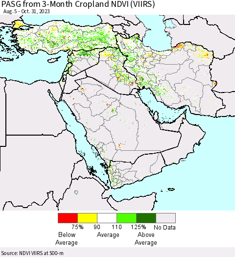 Middle East and Turkey PASG from 3-Month Cropland NDVI (VIIRS) Thematic Map For 10/24/2023 - 10/31/2023