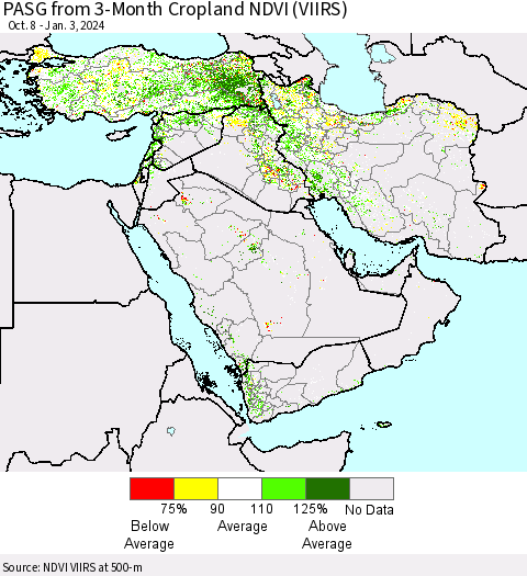 Middle East and Turkey PASG from 3-Month Cropland NDVI (VIIRS) Thematic Map For 12/27/2023 - 1/3/2024