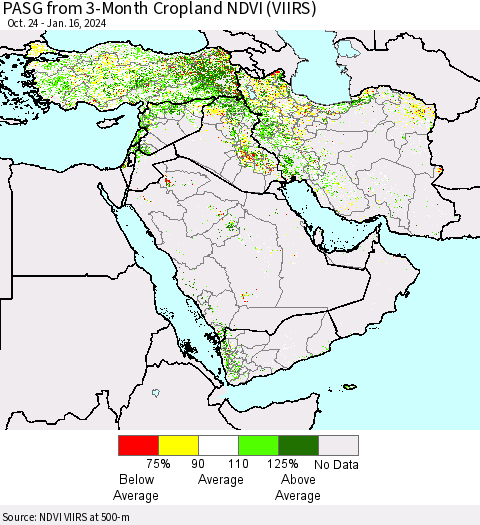 Middle East and Turkey PASG from 3-Month Cropland NDVI (VIIRS) Thematic Map For 1/9/2024 - 1/16/2024