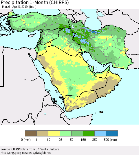 Middle East and Turkey Precipitation 1-Month (CHIRPS) Thematic Map For 3/6/2019 - 4/5/2019