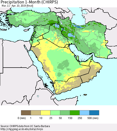 Middle East and Turkey Precipitation 1-Month (CHIRPS) Thematic Map For 3/11/2019 - 4/10/2019