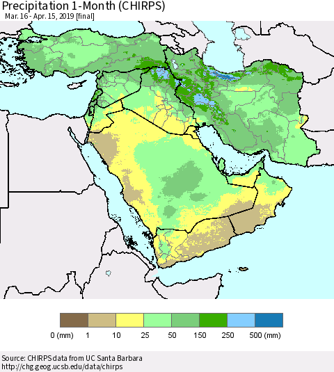 Middle East and Turkey Precipitation 1-Month (CHIRPS) Thematic Map For 3/16/2019 - 4/15/2019