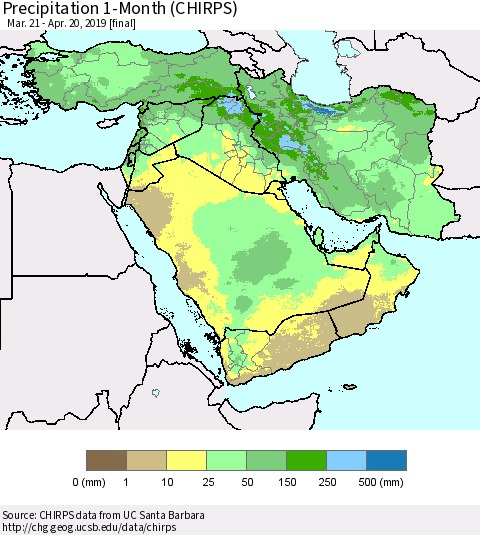 Middle East and Turkey Precipitation 1-Month (CHIRPS) Thematic Map For 3/21/2019 - 4/20/2019