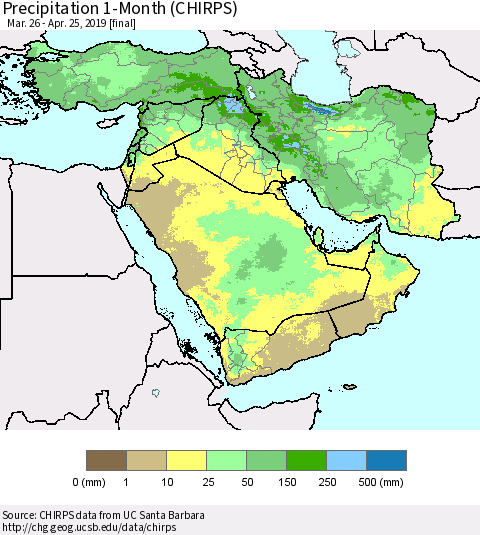Middle East and Turkey Precipitation 1-Month (CHIRPS) Thematic Map For 3/26/2019 - 4/25/2019