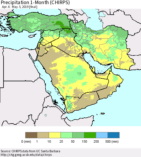 Middle East and Turkey Precipitation 1-Month (CHIRPS) Thematic Map For 4/6/2019 - 5/5/2019