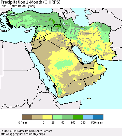 Middle East and Turkey Precipitation 1-Month (CHIRPS) Thematic Map For 4/11/2019 - 5/10/2019