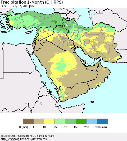 Middle East and Turkey Precipitation 1-Month (CHIRPS) Thematic Map For 4/16/2019 - 5/15/2019