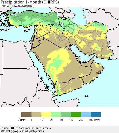 Middle East and Turkey Precipitation 1-Month (CHIRPS) Thematic Map For 4/26/2019 - 5/25/2019
