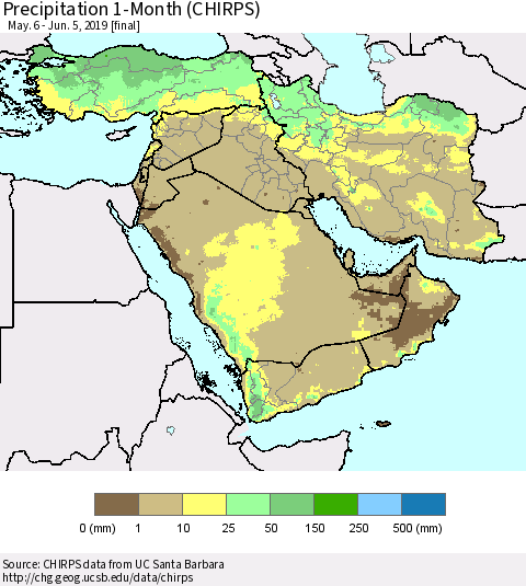 Middle East and Turkey Precipitation 1-Month (CHIRPS) Thematic Map For 5/6/2019 - 6/5/2019