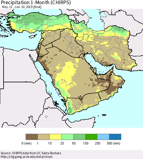 Middle East and Turkey Precipitation 1-Month (CHIRPS) Thematic Map For 5/11/2019 - 6/10/2019
