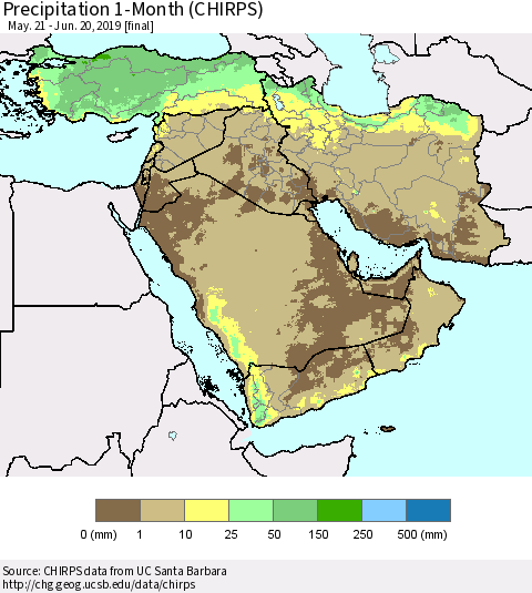 Middle East and Turkey Precipitation 1-Month (CHIRPS) Thematic Map For 5/21/2019 - 6/20/2019