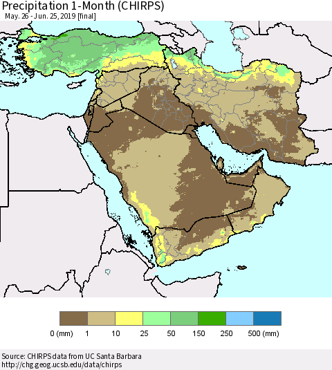 Middle East and Turkey Precipitation 1-Month (CHIRPS) Thematic Map For 5/26/2019 - 6/25/2019