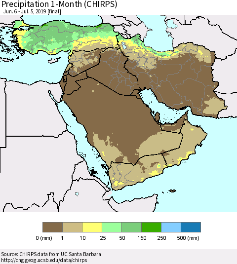 Middle East and Turkey Precipitation 1-Month (CHIRPS) Thematic Map For 6/6/2019 - 7/5/2019