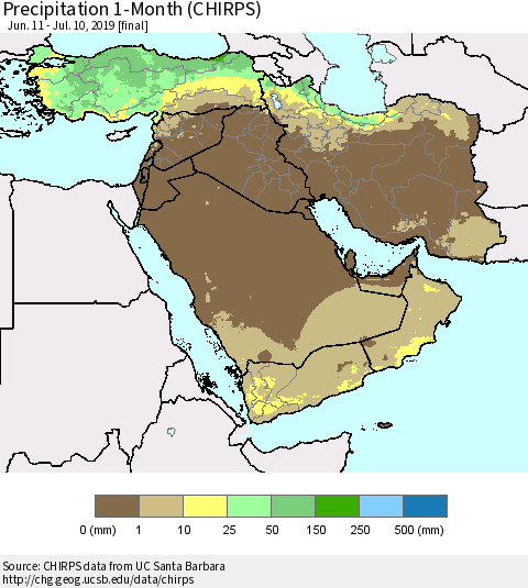 Middle East and Turkey Precipitation 1-Month (CHIRPS) Thematic Map For 6/11/2019 - 7/10/2019