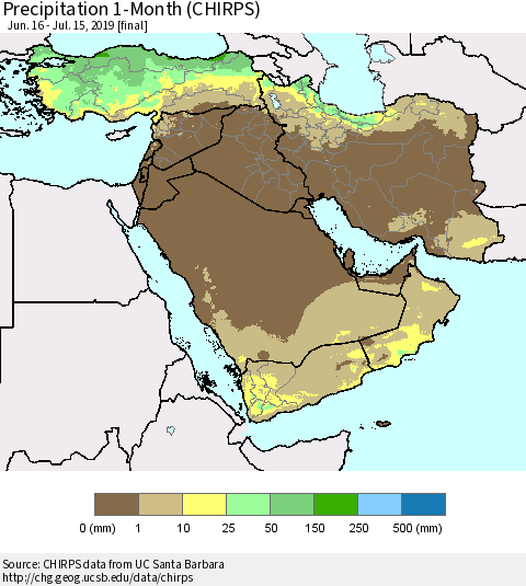 Middle East and Turkey Precipitation 1-Month (CHIRPS) Thematic Map For 6/16/2019 - 7/15/2019