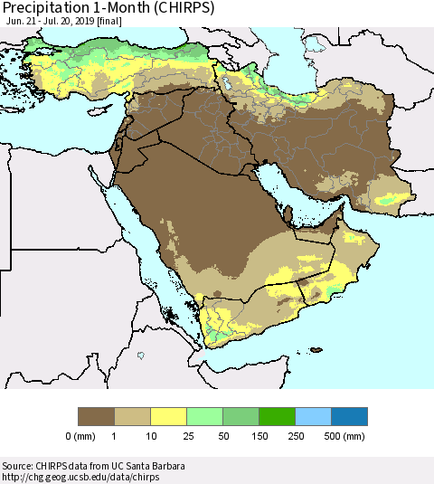 Middle East and Turkey Precipitation 1-Month (CHIRPS) Thematic Map For 6/21/2019 - 7/20/2019