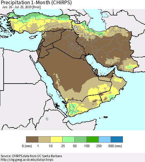 Middle East and Turkey Precipitation 1-Month (CHIRPS) Thematic Map For 6/26/2019 - 7/25/2019