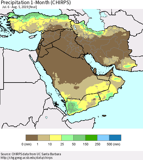 Middle East and Turkey Precipitation 1-Month (CHIRPS) Thematic Map For 7/6/2019 - 8/5/2019