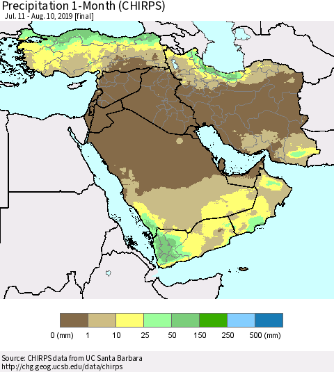 Middle East and Turkey Precipitation 1-Month (CHIRPS) Thematic Map For 7/11/2019 - 8/10/2019
