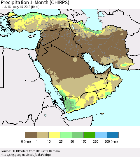 Middle East and Turkey Precipitation 1-Month (CHIRPS) Thematic Map For 7/16/2019 - 8/15/2019
